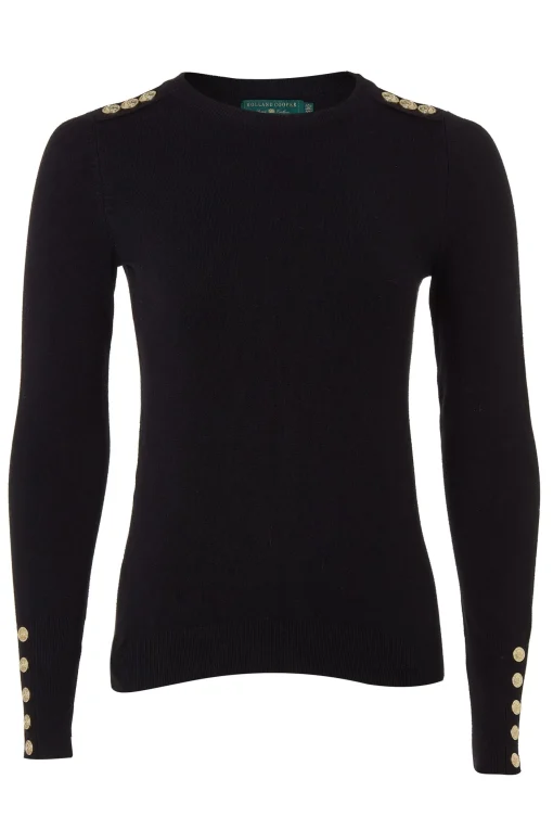 Holland Cooper Buttoned Knit Crew Neck Black Clearance
