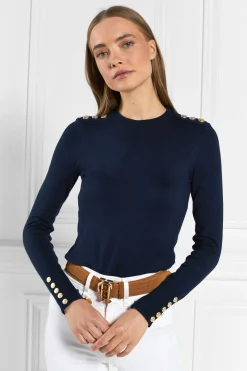 Holland Cooper Buttoned Knit Crew Neck Ink Navy Best