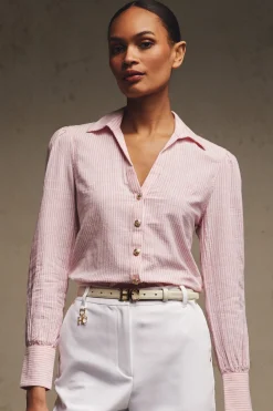 Holland Cooper Classic V-Neck Blouse Pink Stripe Outlet