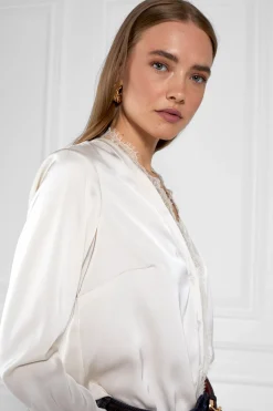 Holland Cooper Lace V-Neck Blouse Oyster New