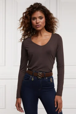 Holland Cooper Long Sleeve V-Neck Tee Coffee Hot