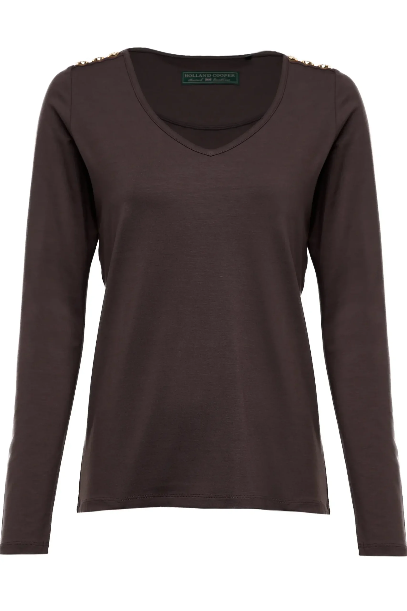 Holland Cooper Long Sleeve V-Neck Tee Coffee Hot