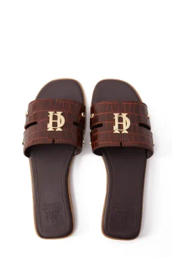 Holland Cooper Monogram Slides Chocolate Croc Online