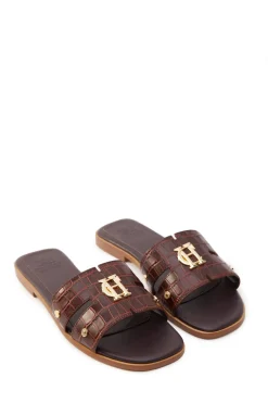 Holland Cooper Monogram Slides Chocolate Croc Online