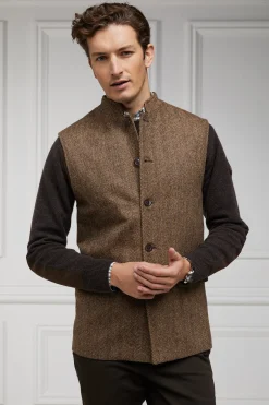 Holland Cooper Nehru Gilet Large Scale Brown Herringbone Outlet