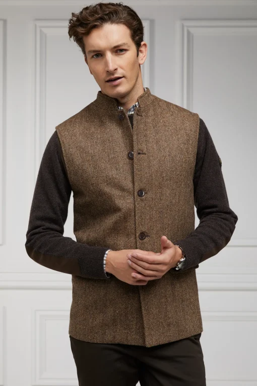 Holland Cooper Nehru Gilet Large Scale Brown Herringbone Outlet
