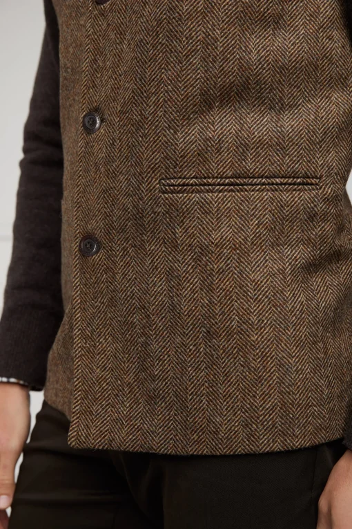 Holland Cooper Nehru Gilet Large Scale Brown Herringbone Outlet