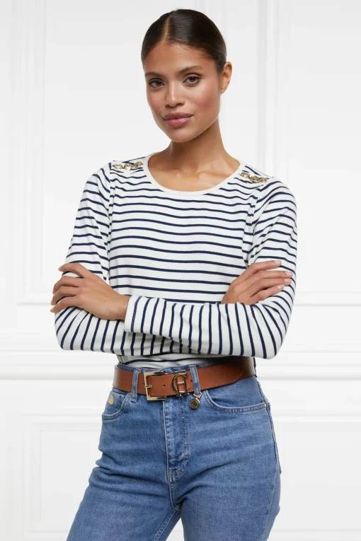 Holland Cooper Padstow Long Sleeve Crew Neck Tee Natural Ink Navy Stripe Best