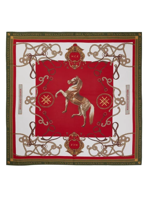 Holland Cooper Regal Horse Silk Scarf Racing Green Heritage Red Sale