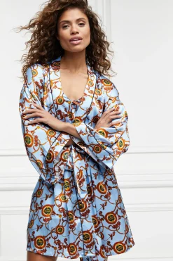 Holland Cooper Silk Dressing Gown Sky Blue Clearance