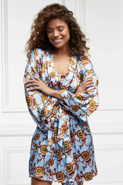 Holland Cooper Silk Dressing Gown Sky Blue Clearance