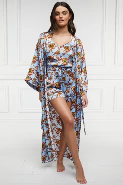 Holland Cooper Silk Full Length Dressing Gown Sky Blue Clearance