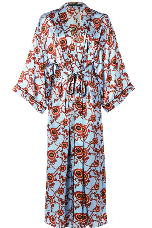 Holland Cooper Silk Full Length Dressing Gown Sky Blue Clearance